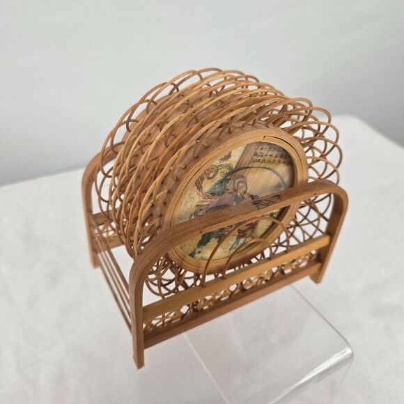 Geisha Bamboo Asian Wicker Coaster Set of 6 with Holder Vintage - Picture 3 of 16